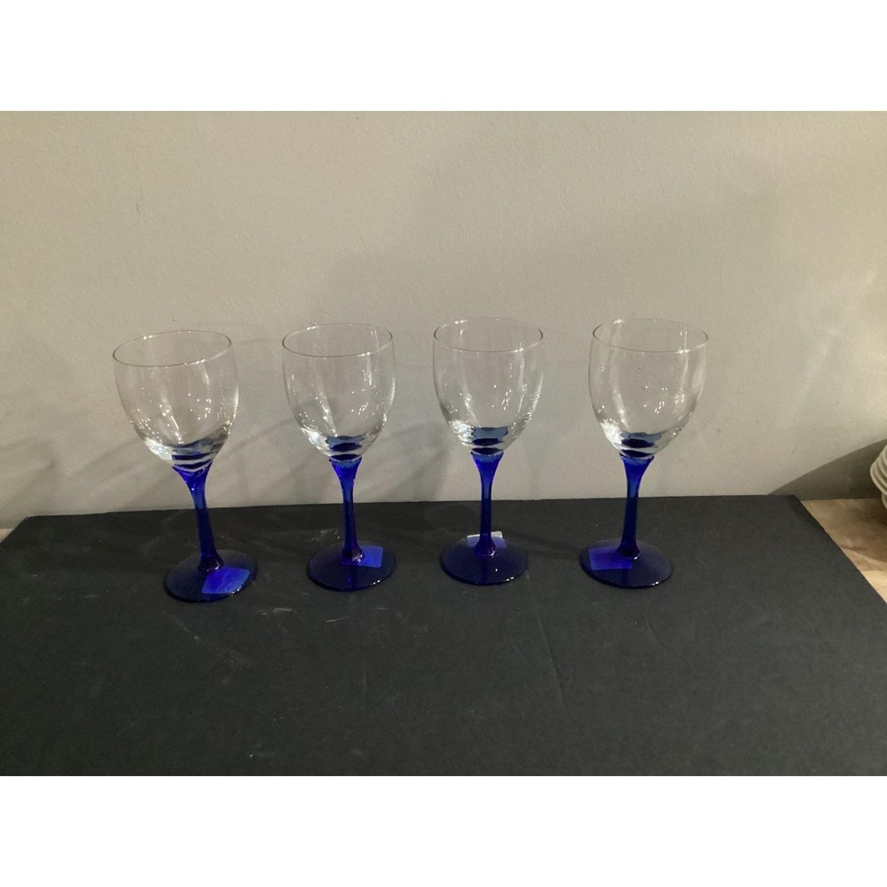 Set Of 4 Libbey Domaine Cobalt Blue Flower Stem Water Wine Glasses